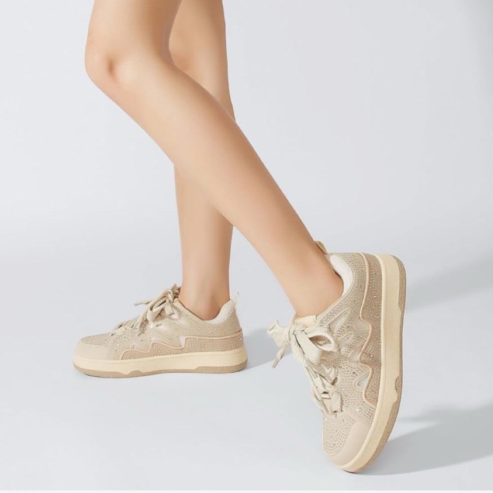 Beige Rhinestone Double Lace-Up Sneakers